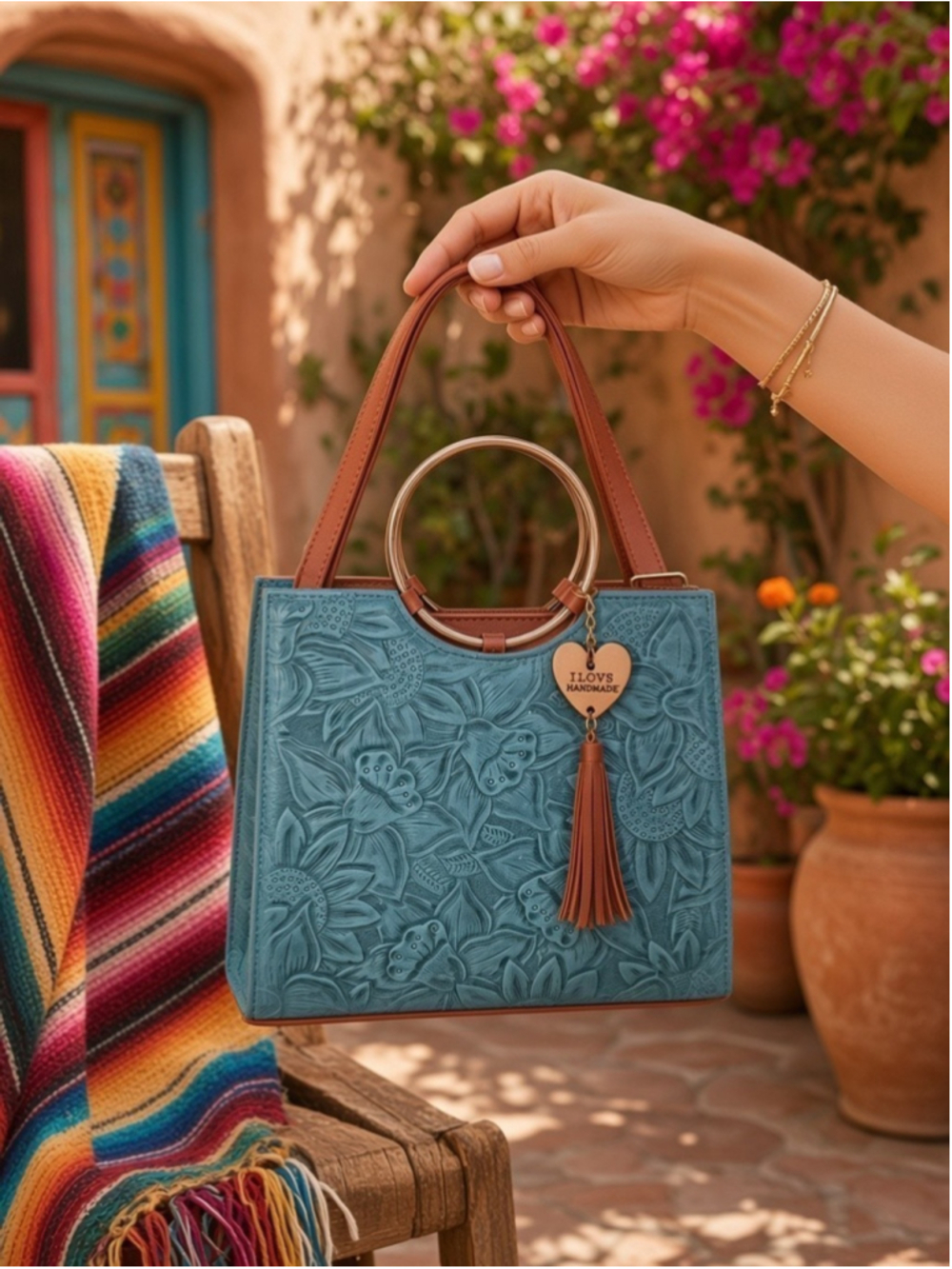 Blue Denim Jean Floral Embossed Tooled Artisan LEATHER Crossbody Handbag Purse